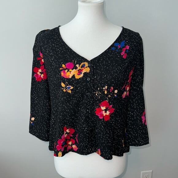 BP. Top Boxy Button Front Flare Sleeve Casual Floral Shirt Womens Medium - Picture 1 of 7